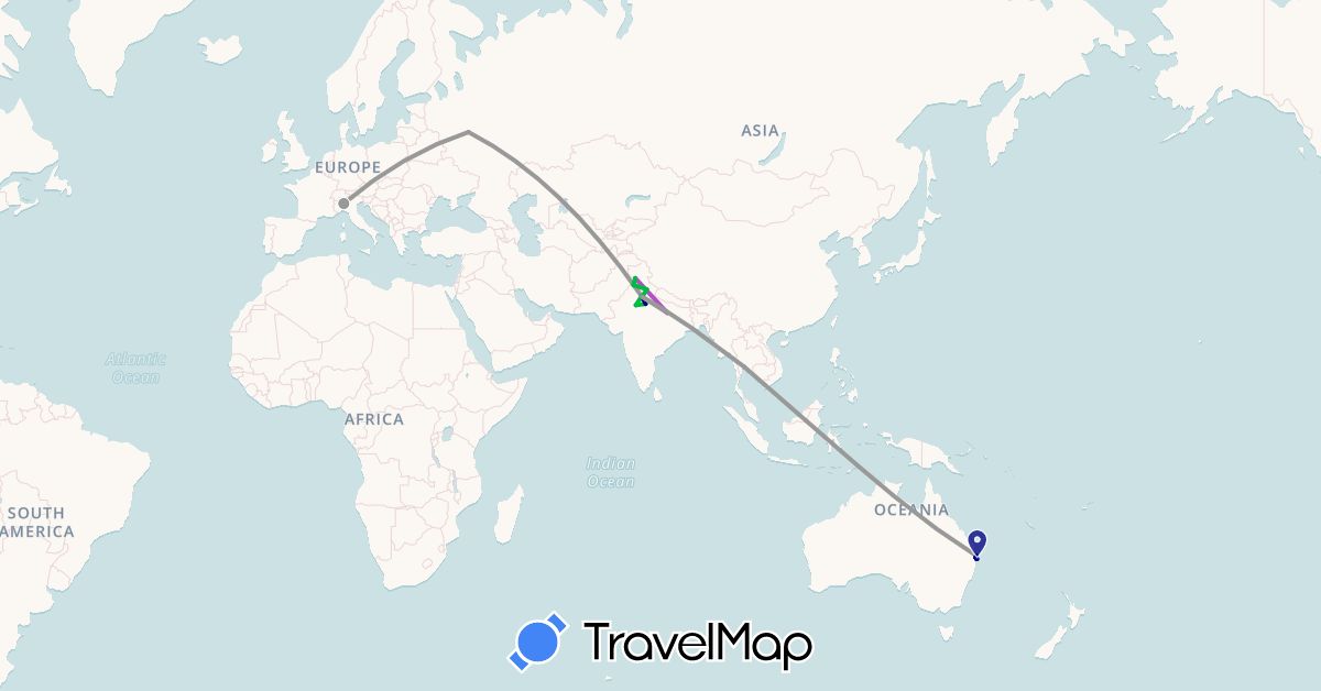 TravelMap itinerary: driving, bus, plane, train in Australia, India, Italy, Russia, Thailand (Asia, Europe, Oceania)